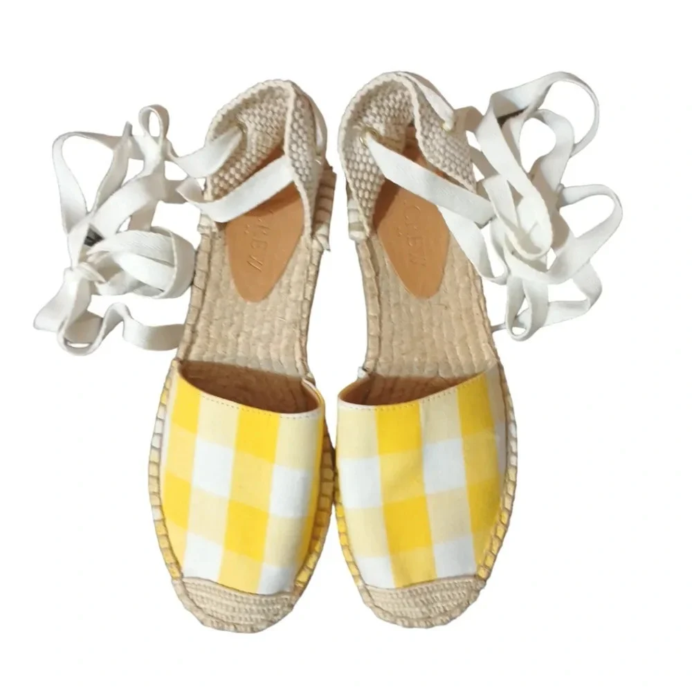 J CREW YELLOW AND WHITE GINGHAM LACE UP D'ORSAY ESPADRILLE SANDALS 6.5